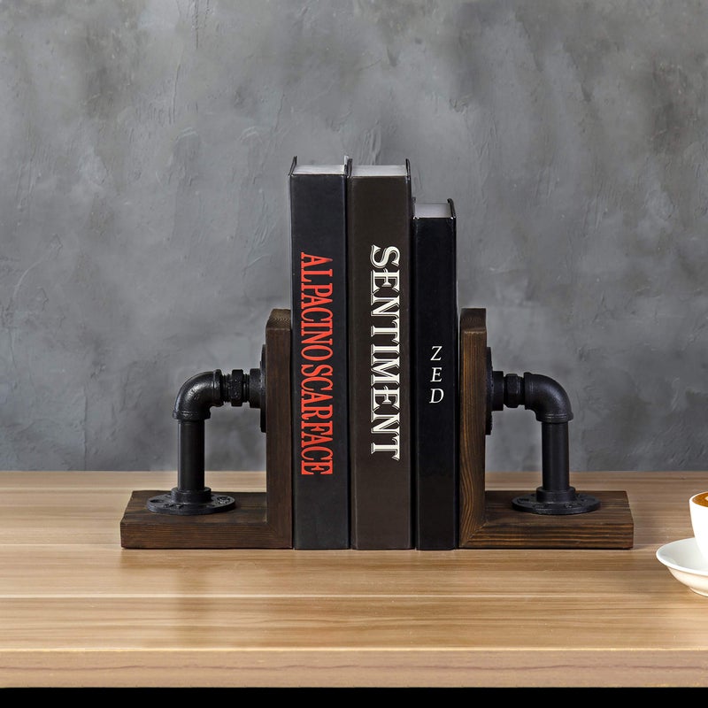 MyGift Dark Brown Industrial Pipe & Rustic Wood Bookends  Set of 2 - Image 4